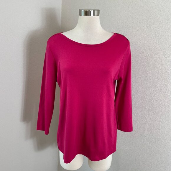 LL Bean Womens Medium Pink 100% Supima Cotton Button Shoulder Top 3/4 Sleeve - Picture 1 of 8